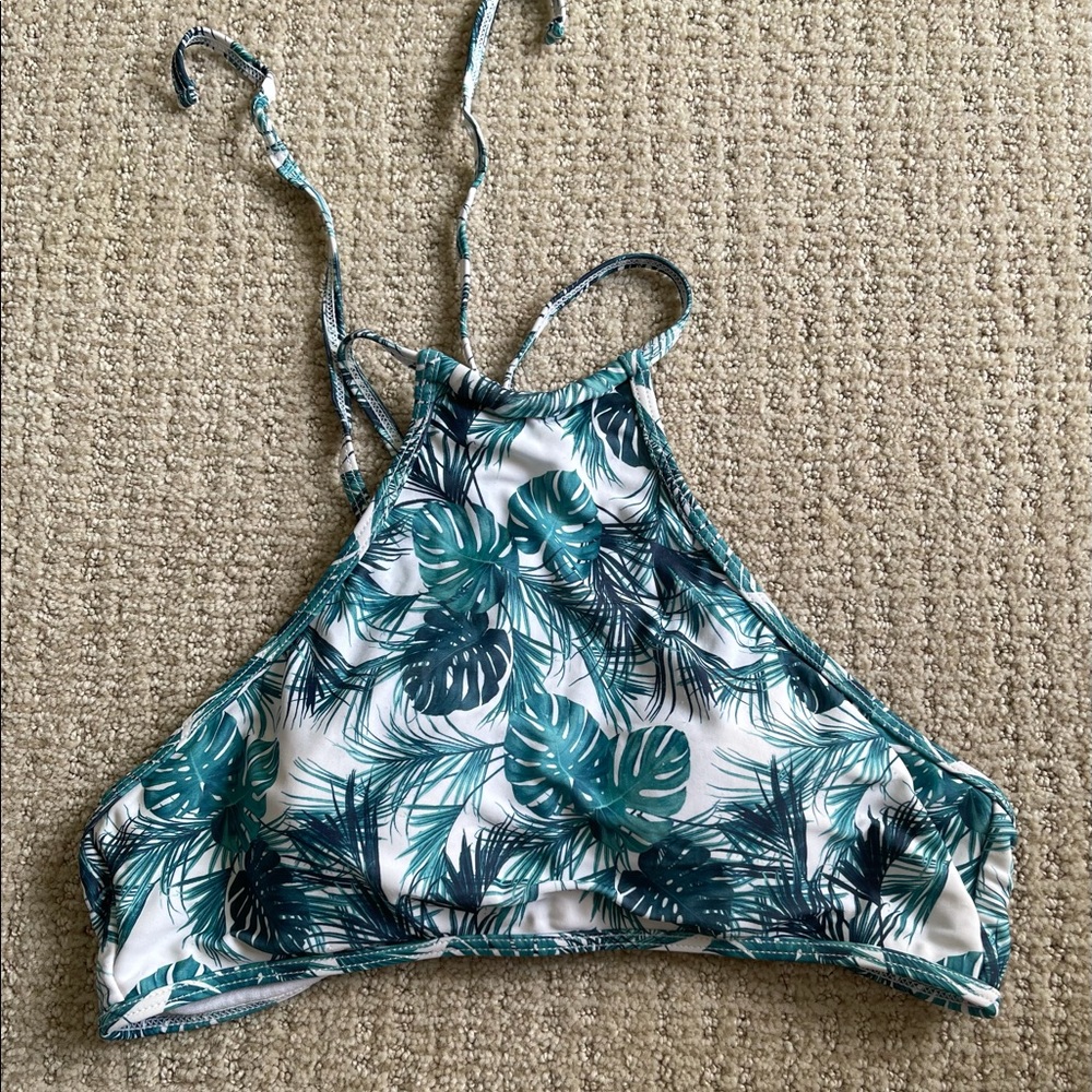 Teal leaf high rise bikini top